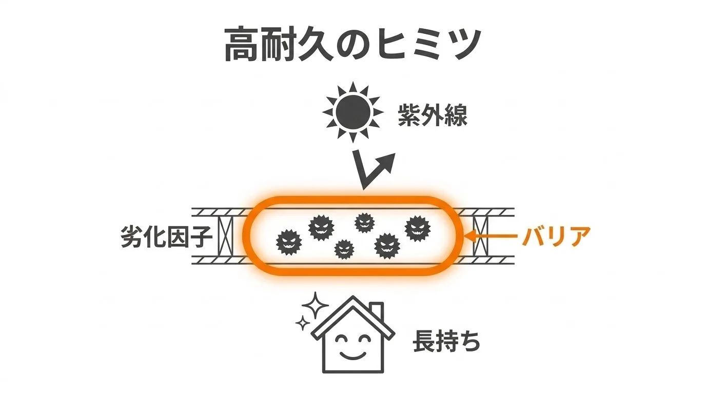 ラジカル塗料の劣化因子バリアの仕組みと高耐候性の比較図