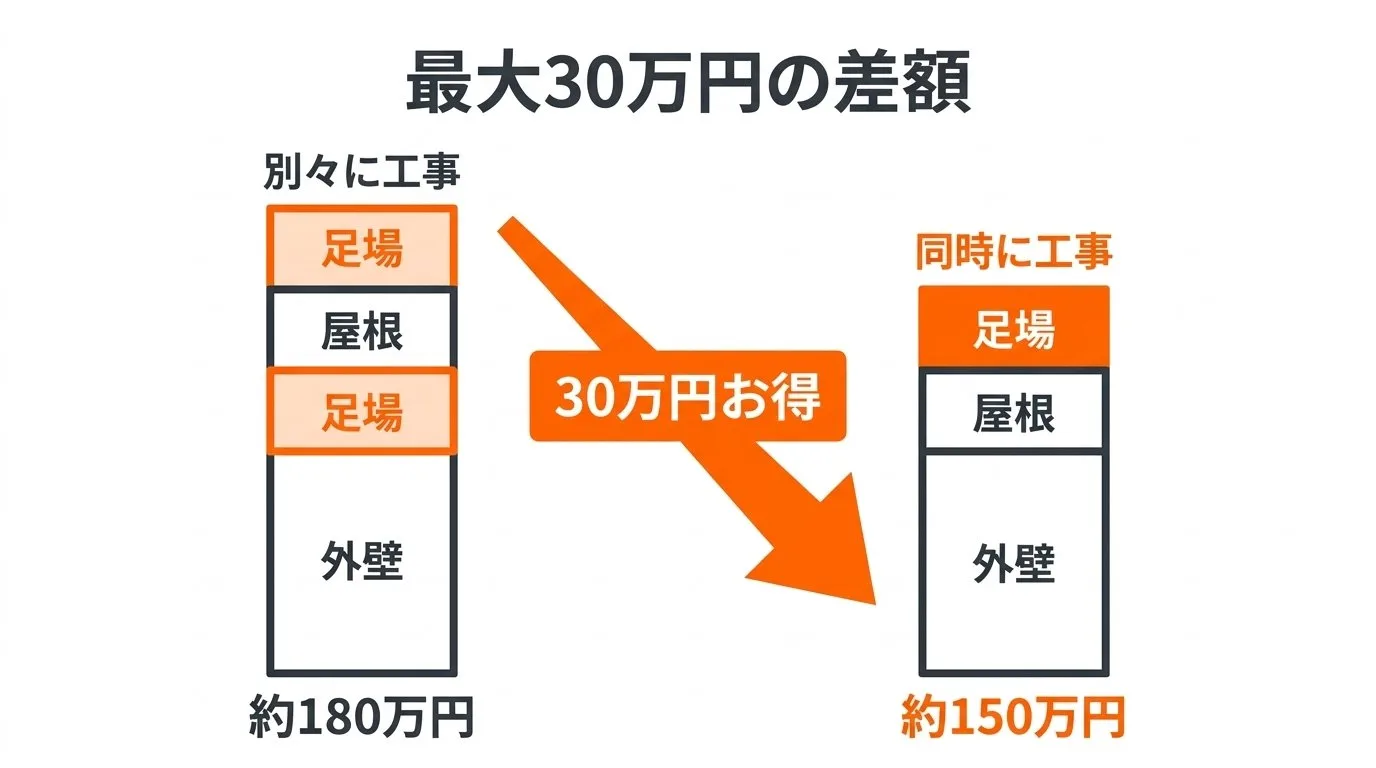 坪数別の外壁＋屋根セット費用目安と内訳円グラフ