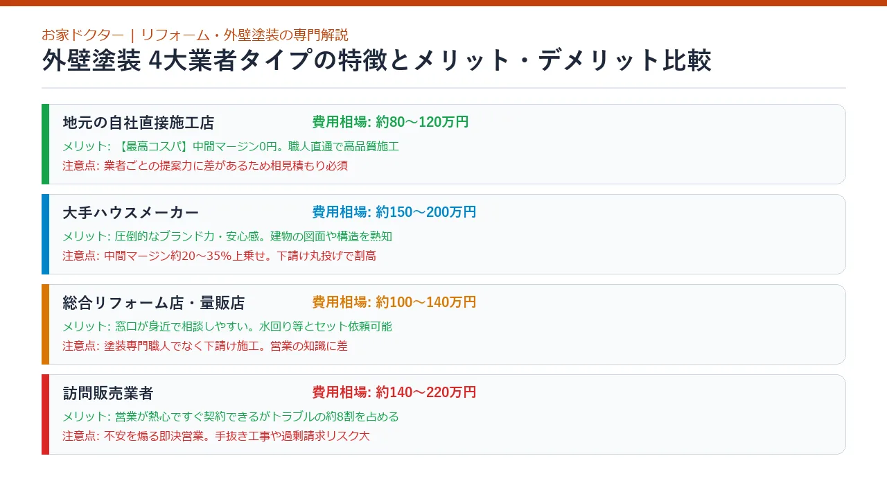 外壁塗装業者の4大タイプ比較と特徴一覧図解