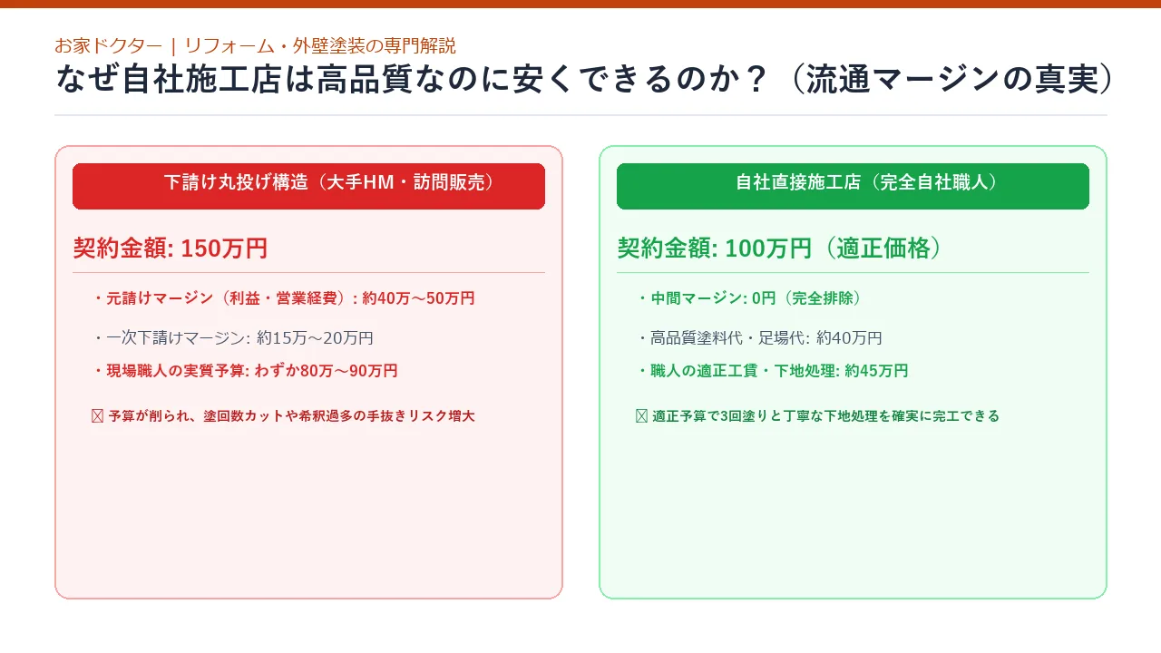 自社直接施工店と下請け外注構造の流通マージン比較図解
