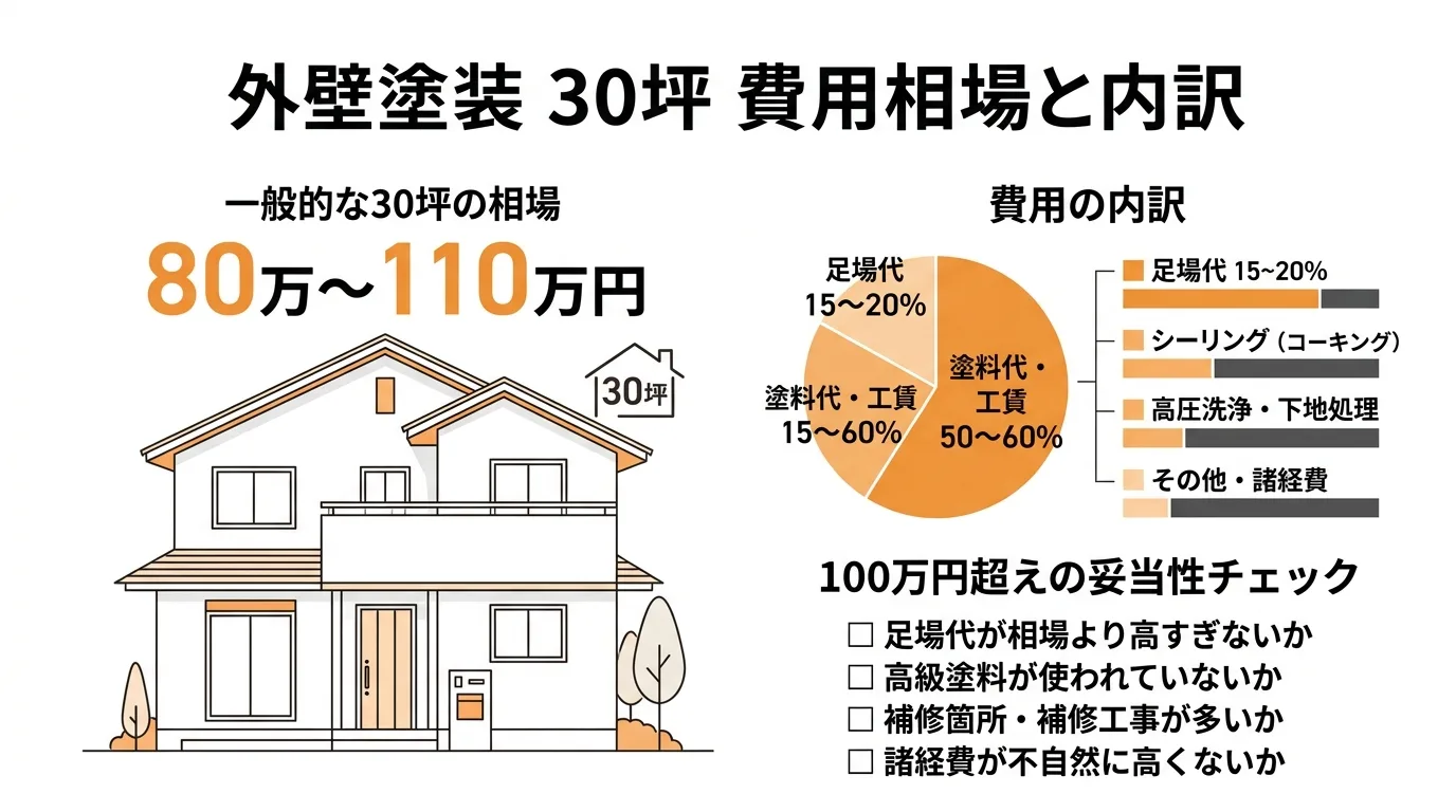 外壁塗装の30坪の費用相場と塗料別の内訳や100万円超えの妥当性診断