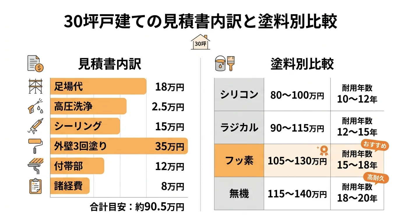 30坪戸建ての見積書内訳と塗料別比較