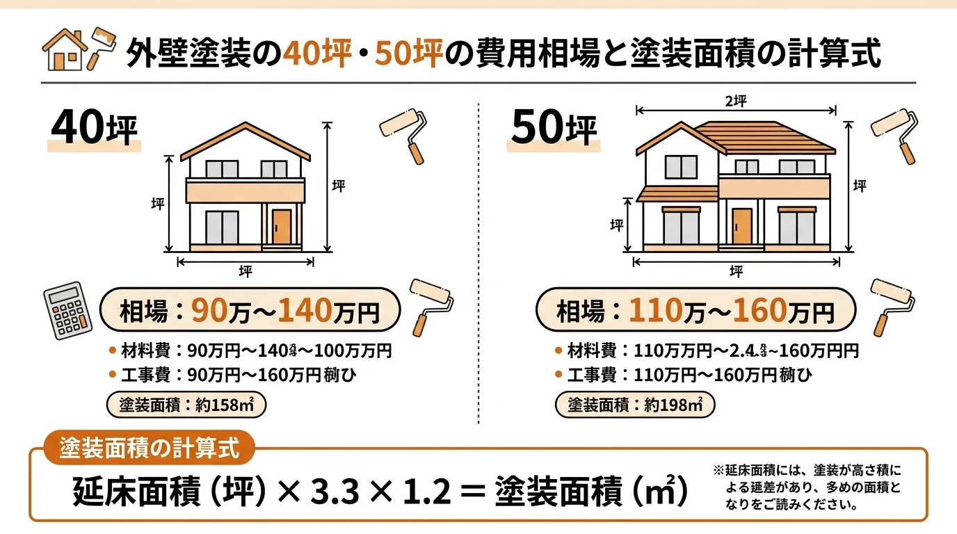 外壁塗装の40坪と50坪の費用相場と延床面積から塗装面積を出す計算式
