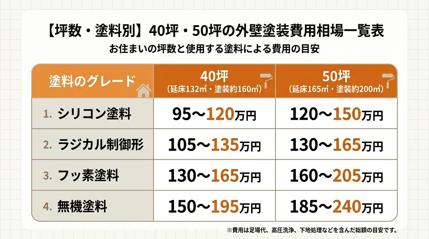 40坪・50坪の塗料グレード別費用相場一覧表