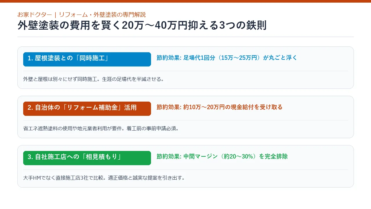 外壁塗装の費用を安く抑える3大ポイントまとめ図解