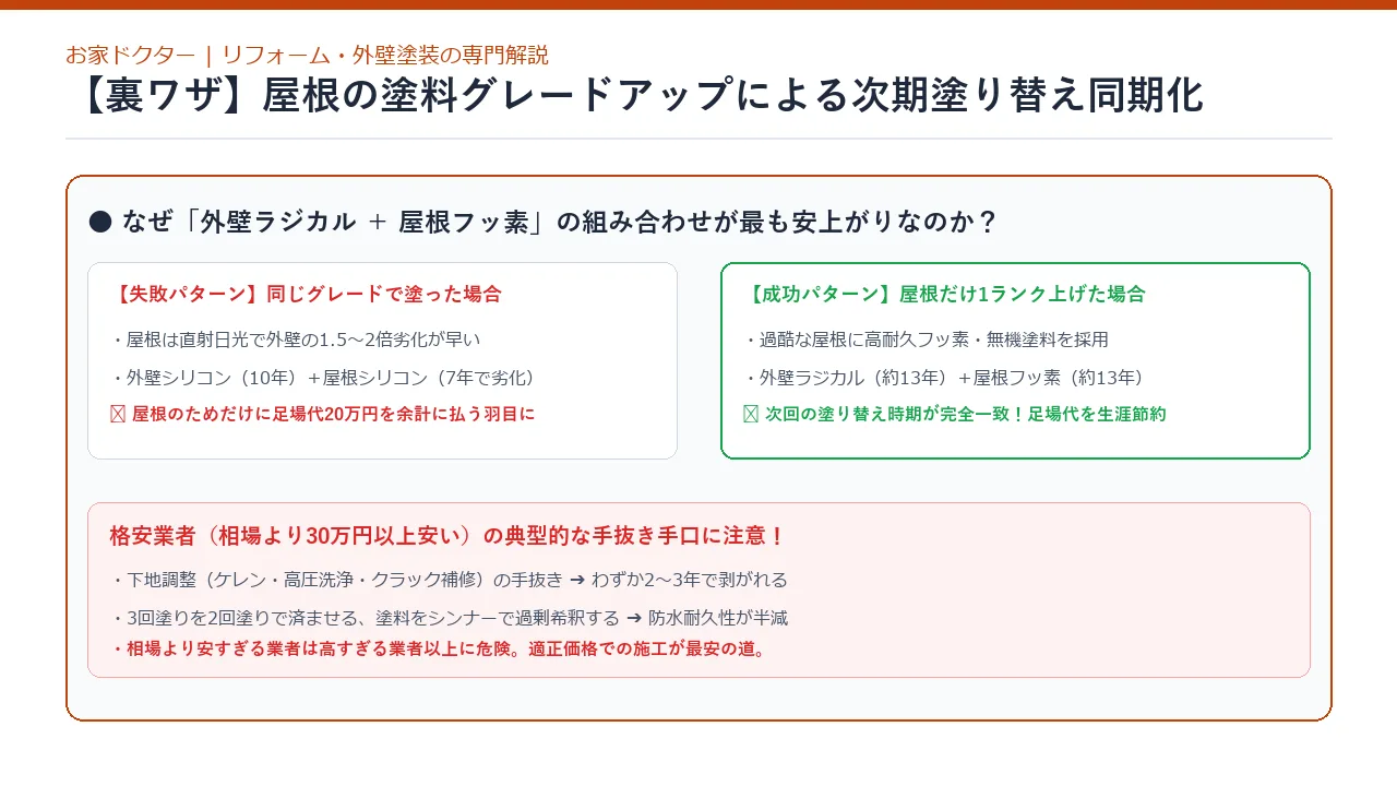 外壁と屋根の塗料グレード同期による長期コスト削減図解