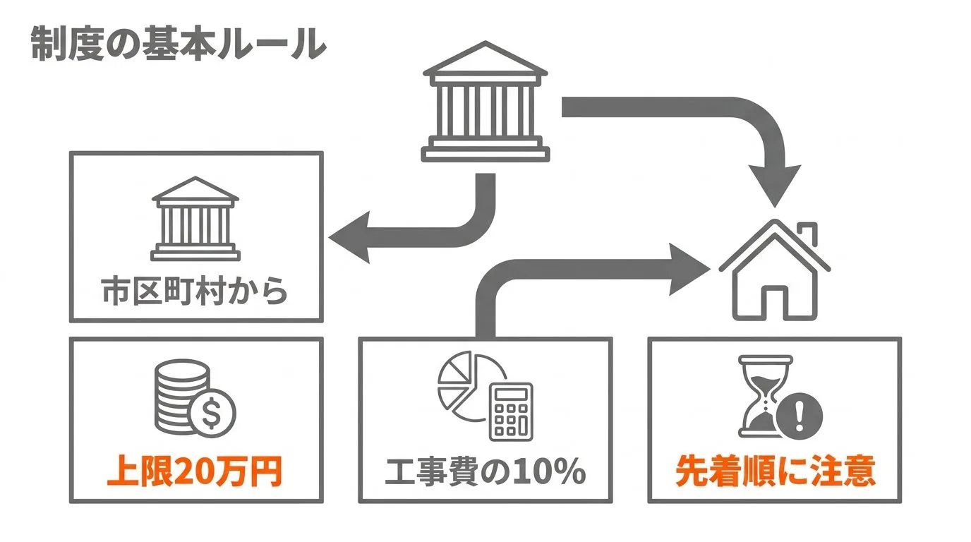 自治体の外壁塗装助成金制度と平均支給額の概要図