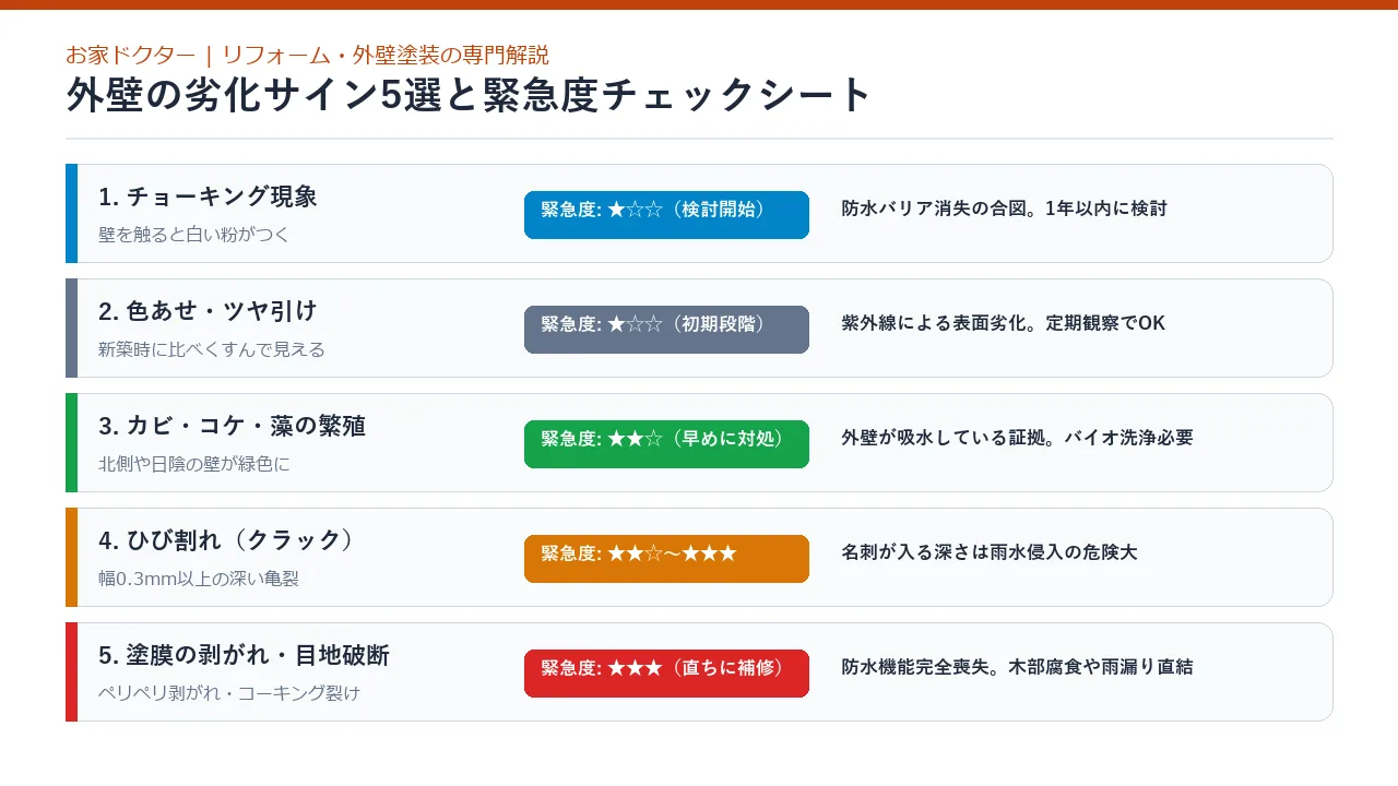 外壁の劣化サイン5選と緊急度・危険度の比較図解
